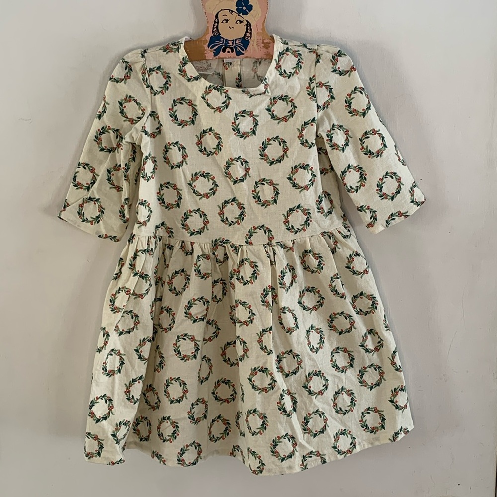 Handmade by Mothers Botanicals Christmas dress with mushroom wreath Size 5T